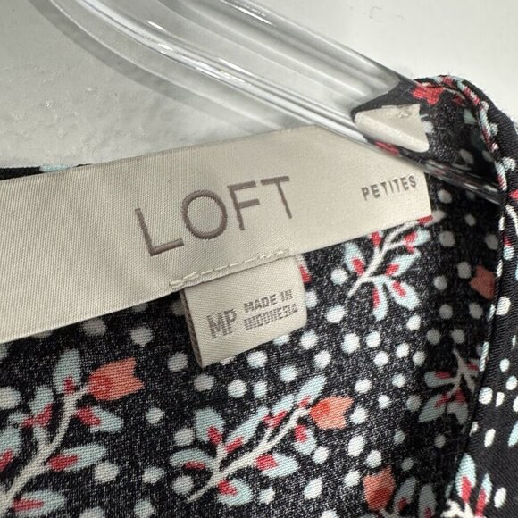 Loft Midi Dress Shift Floral Black Tiered Boho Medium Petite - Picture 4 of 9